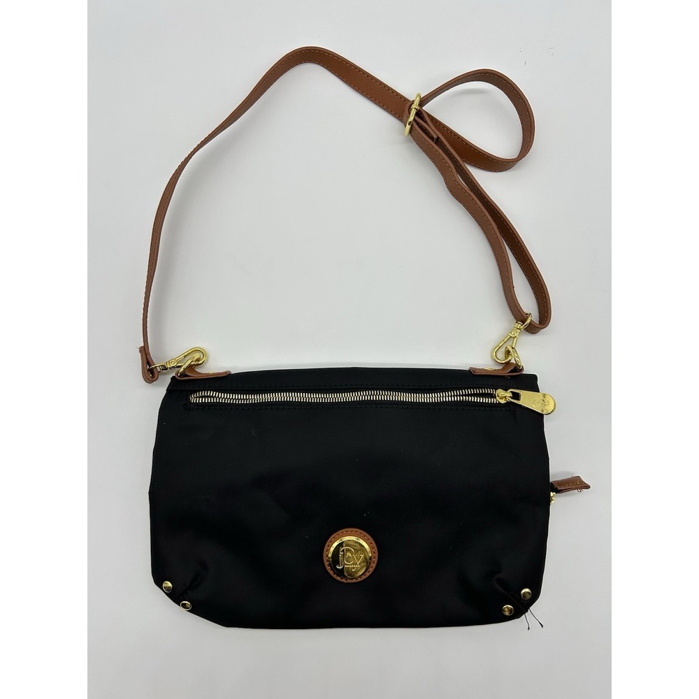 Joy Mangano Black & Gold Metal Nylon Bag Leather Detachable Adjustable Strap